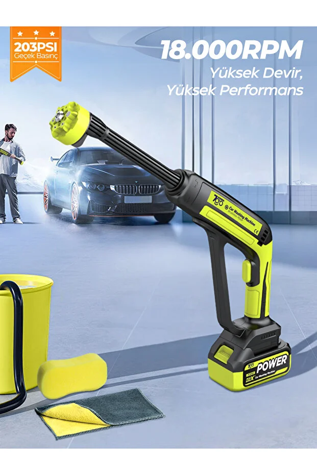 Akülü Şarjlı Yüksek Basınçlı Araç ve Bahçe Yıkama Temizleme Tabancası | 2 Batarya, 5m Hort